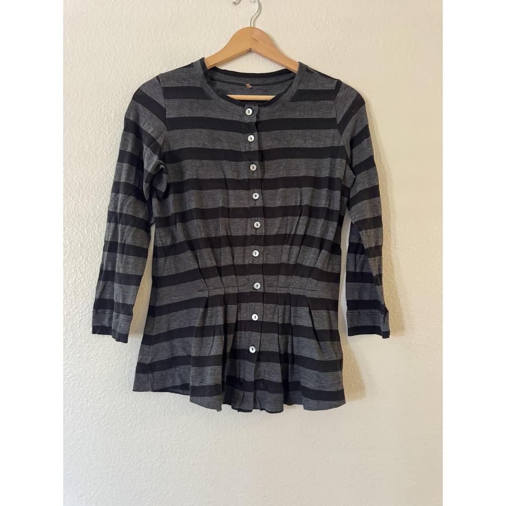 Pete Button Up Shirt Womens S Gray Stripe 3/4 Sleeve Pleated Tunic Jersey‎ Top
